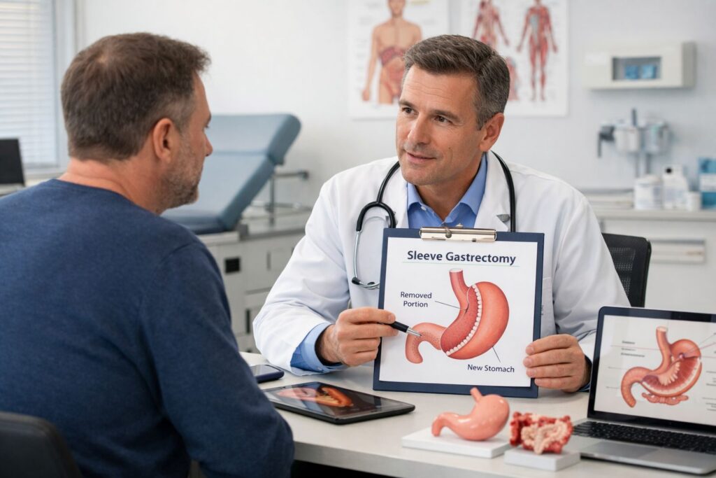 Doctor discussing sleeve gastrectomy with patient in a modern clinic, medical diagrams and equipment visible