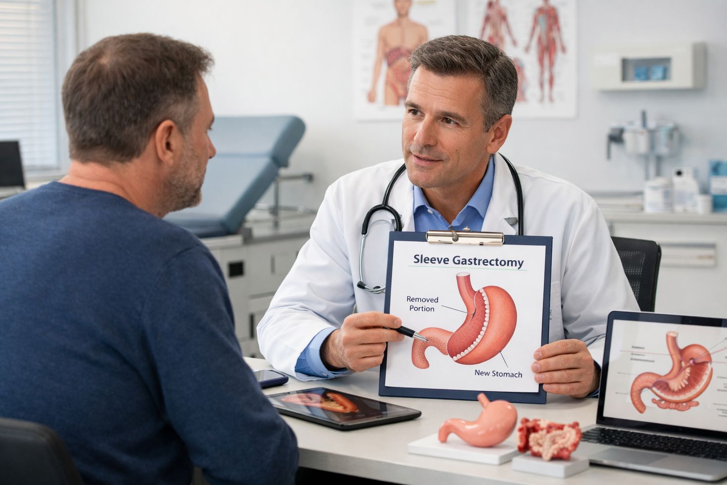Doctor discussing sleeve gastrectomy with patient in a modern clinic, medical diagrams and equipment visible