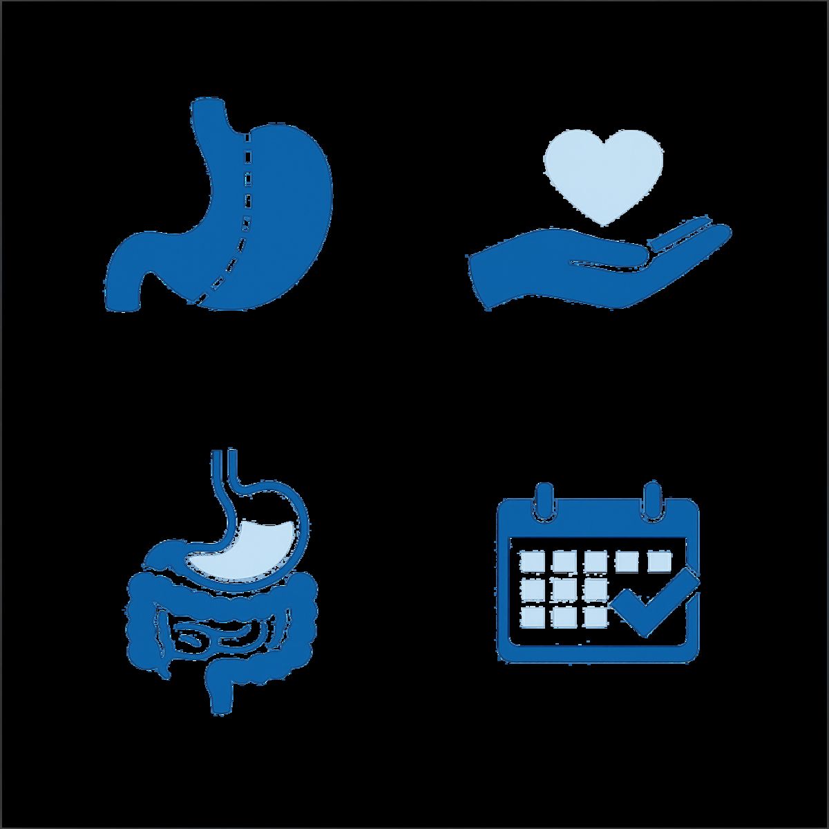 Infographic icons showing stomach reduction, appetite support, no rerouting, and lifestyle commitment.
