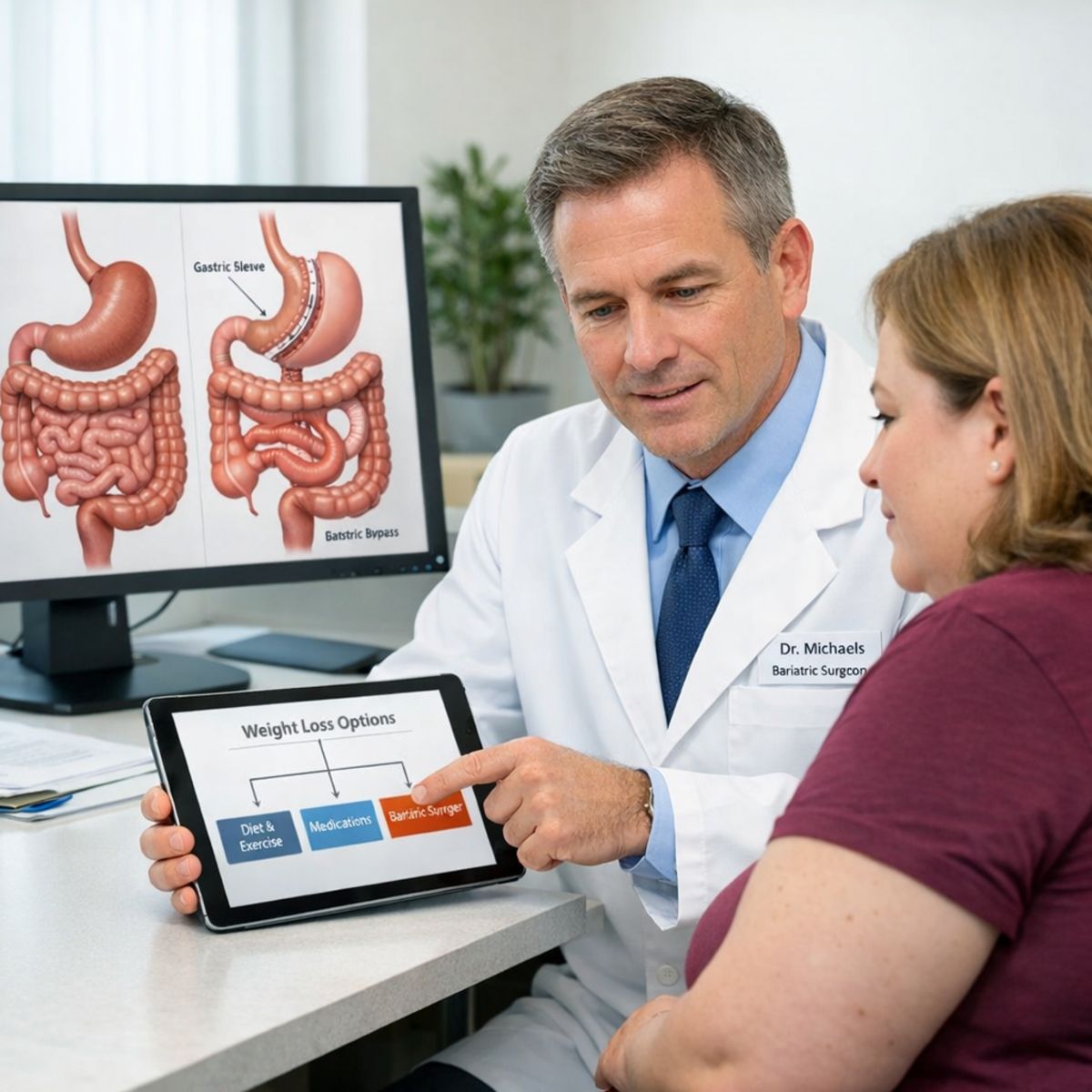 Bariatric surgeon discussing treatment options with adult patient using tablet and anatomical visuals in clinical office