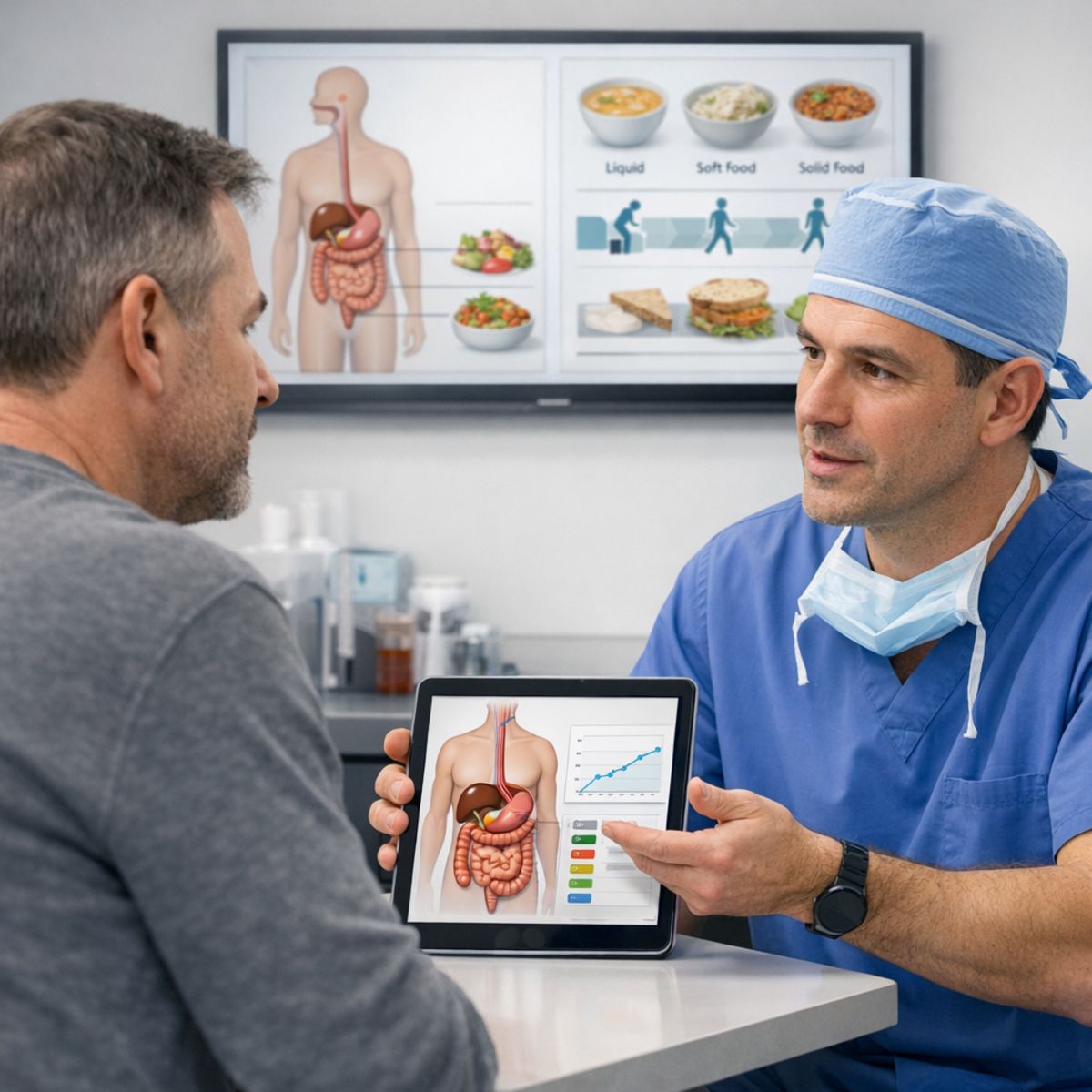 Surgeon and adult patient reviewing post-op recovery and diet milestones in a clinical consultation room