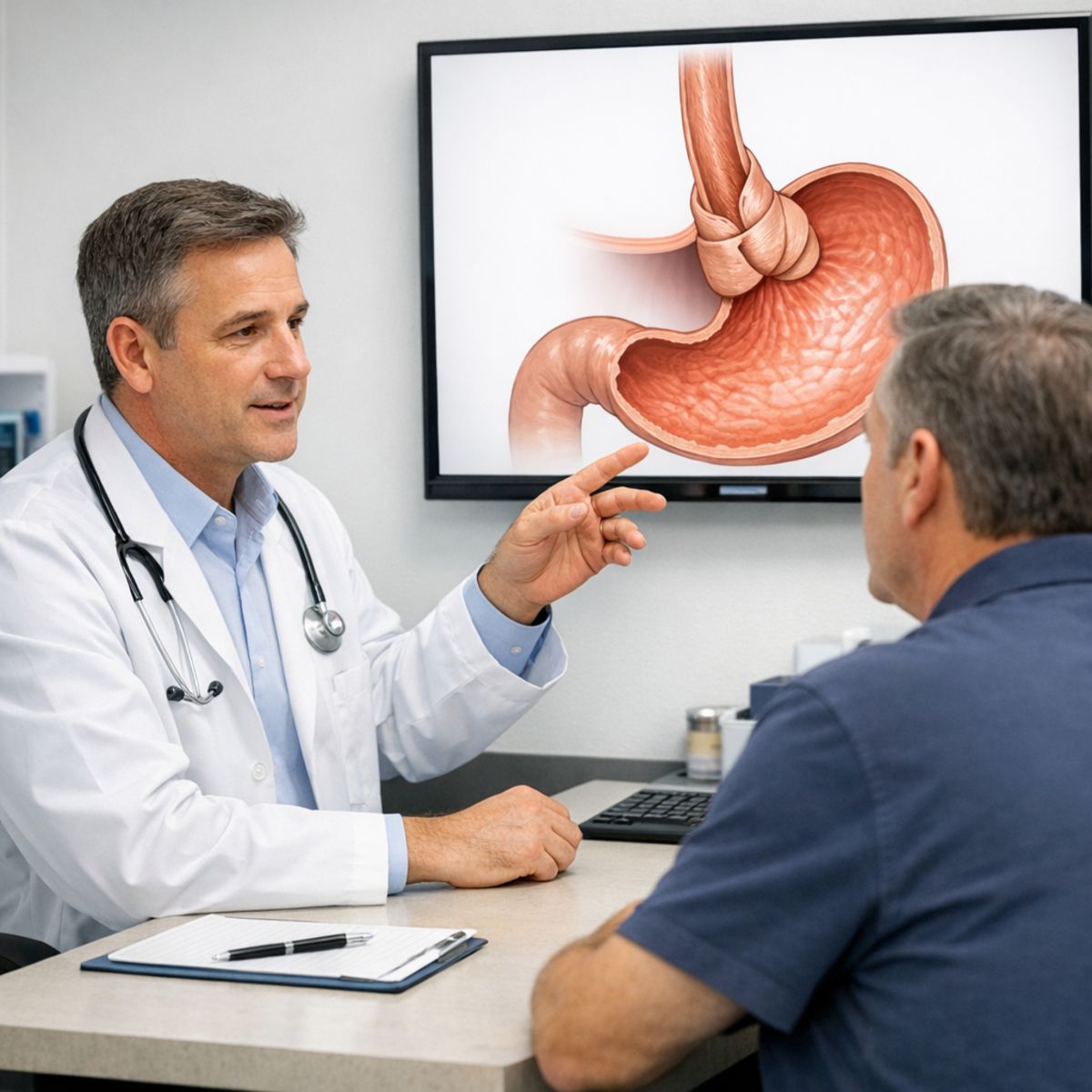Physician explains esophagus, stomach, and fundoplication wrap to adult patient using medical diagram in bright clinic