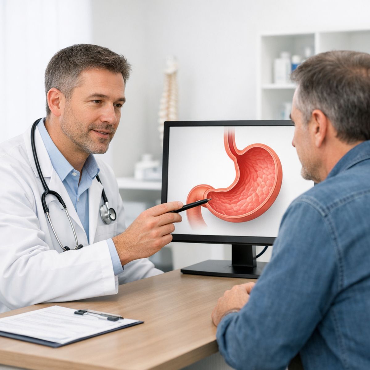 Physician explaining simplified stomach anatomy diagram to adult patient in clinical consultation