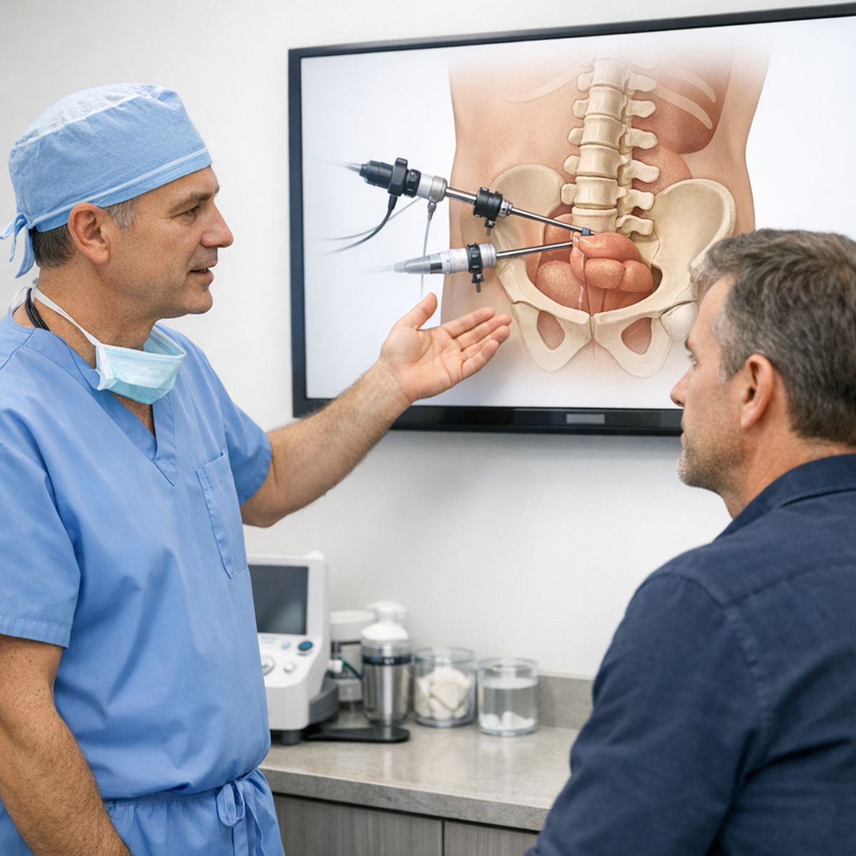 Surgeon and patient reviewing minimally invasive procedure diagram in clinical consultation room