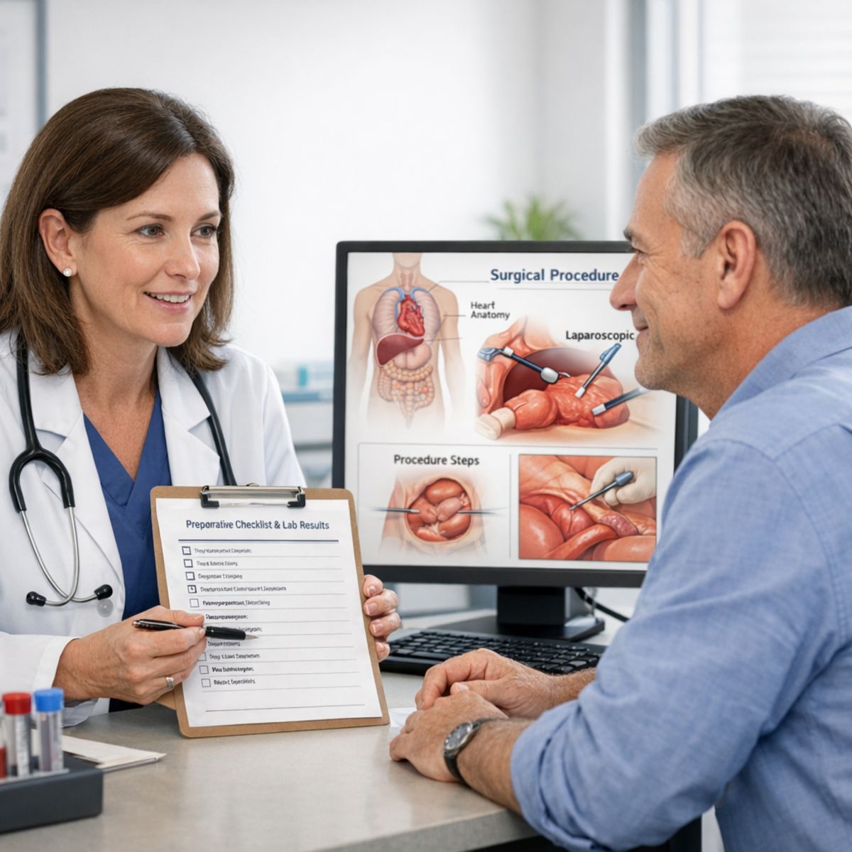 Clinician and adult patient reviewing pre-op checklist and lab results in a medical office