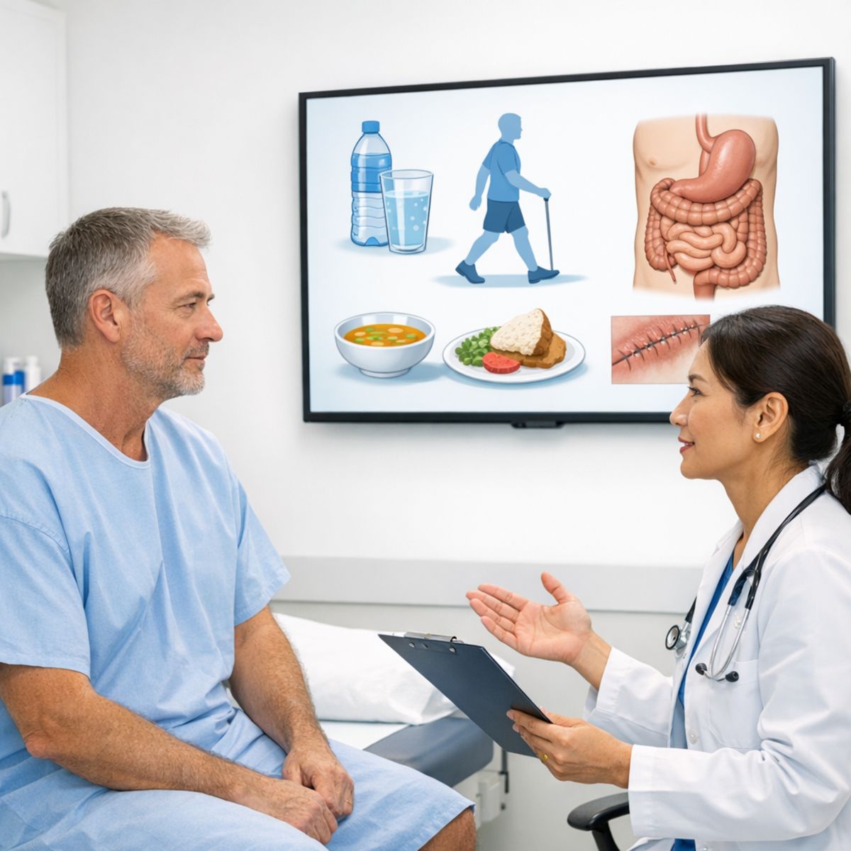 Adult patient and clinician discussing postoperative care with medical diagrams in a bright clinic room
