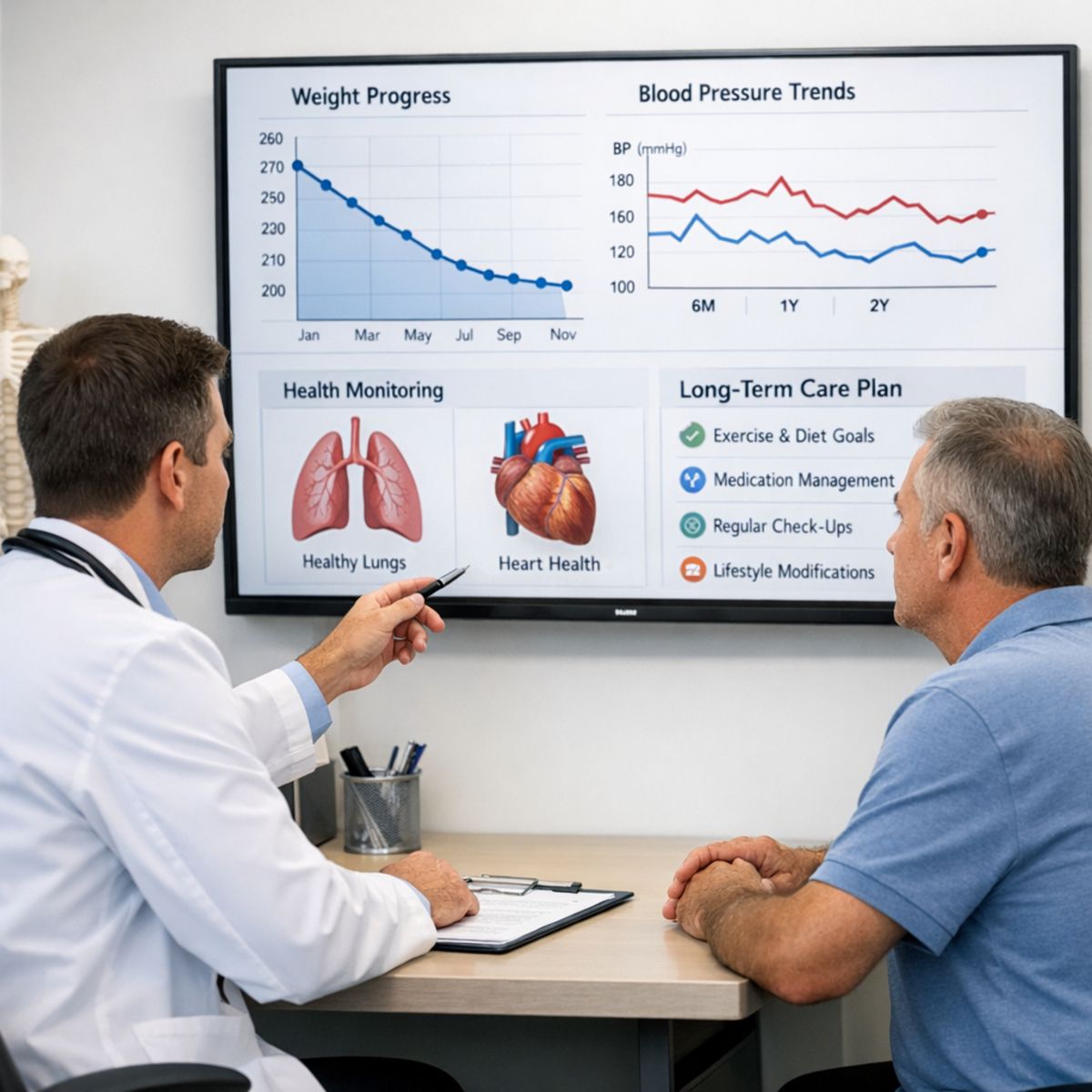 physician and adult patient reviewing progress charts and long-term care plans in a clinical office
