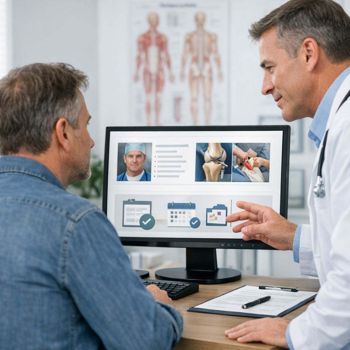 Patient reviews surgeon credentials and procedure options online with doctor guidance in a modern clinic setting