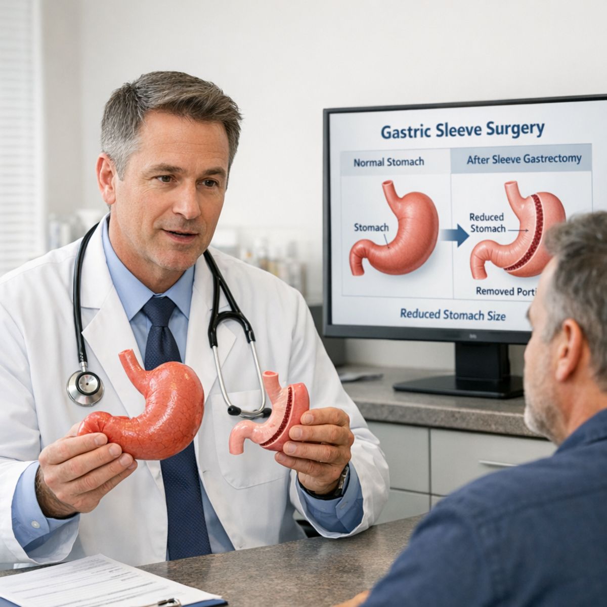 Physician explaining sleeve gastrectomy with stomach model to adult patient in clinical office